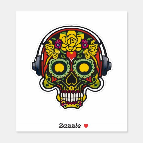  Sugar Skull Art _ Forehead Heart and Headphones Sticker