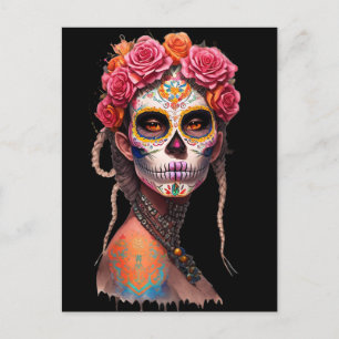 Sugar Skull Art - Girl with Braided Hair and Pink Postcard