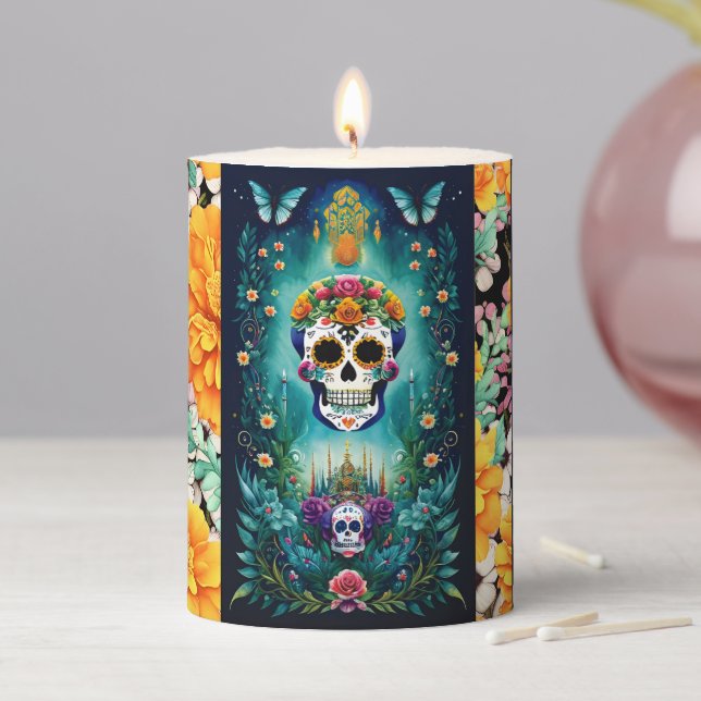 Sugar Skull Art - Inspired by Mexican Traditions Pillar Candle (In Situ)