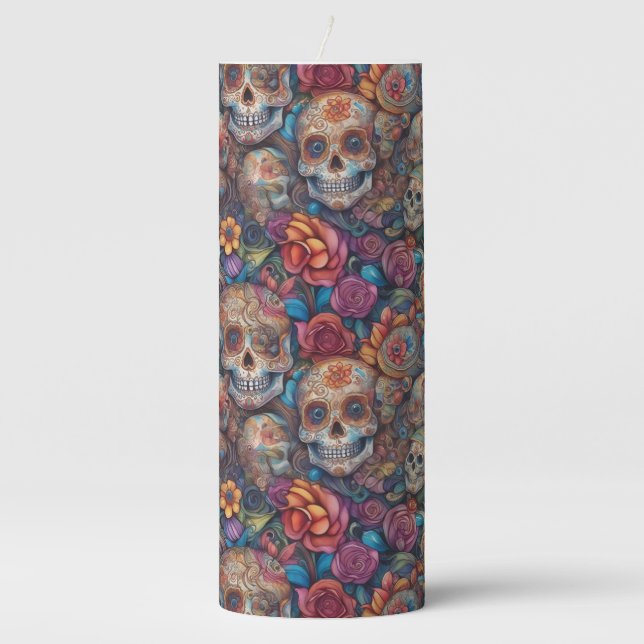 Sugar Skull Art - Intricate Day of the Dead Pillar Candle (Front)