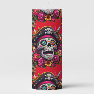 Sugar Skull Art - Jolly Pirate Skull (Red) Pillar Candle