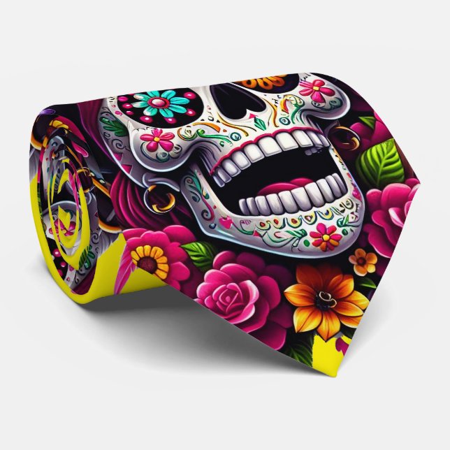 Sugar Skull Art - Jolly Pirate Skull (Yellow) Neck Tie (Rolled)