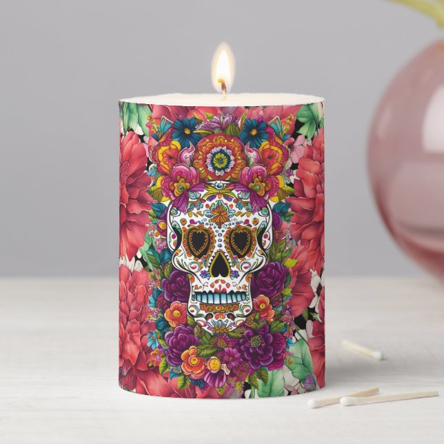 Sugar Skull Art - Mexico's Day of the Dead Pillar Candle (In Situ)