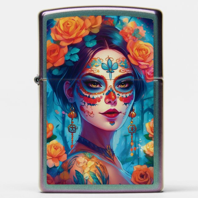 Sugar Skull Art - Mystique Roses Zippo Lighter (Front)