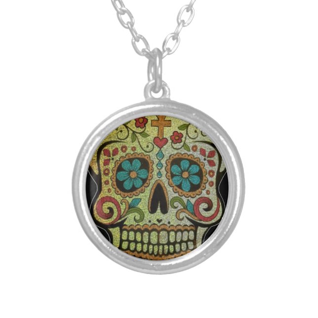 Sugar Skull Art Silver Plated Necklace (Front)