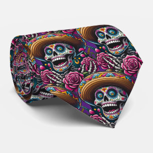 Sugar Skull Art - Skeleton Sombrero Roses Calavera Neck Tie