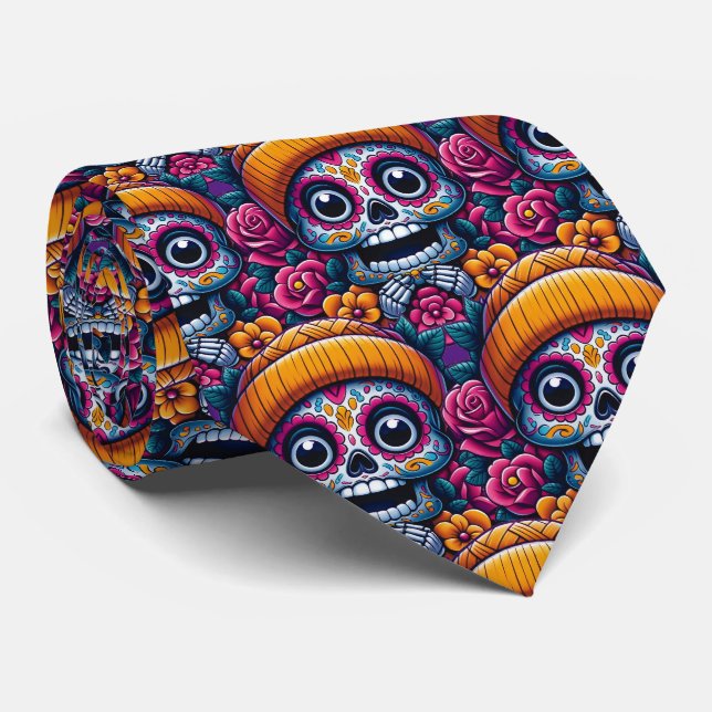 Sugar Skull Art - Skull in Beanie Calavera Neck Tie (Rolled)