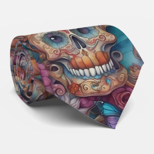 Sugar Skull Art - Skulls and Butterflies Neck Tie