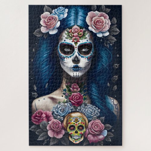 Sugar Skull Art _ Striking Woman in Skull Makeup Jigsaw Puzzle