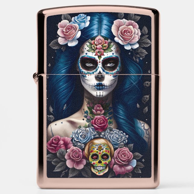 Sugar Skull Art - Striking Woman in Skull Makeup Zippo Lighter (Front)