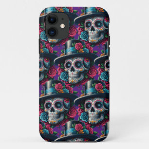 Sugar Skull Art - Top Hat and Pink Roses iPhone 11 Case