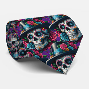 Sugar Skull Art - Top Hat and Pink Roses Neck Tie