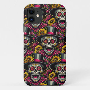 Sugar Skull Art - Top hat and Sunflower Calavera iPhone 11 Case