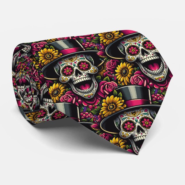 Sugar Skull Art - Top hat and Sunflower Calavera Neck Tie (Rolled)