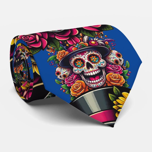 Sugar Skull Art -Top Hat Floral Fiesta (Blue) Neck Tie (Rolled)