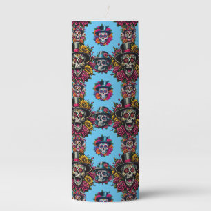Sugar Skull Art -Top Hat Floral Fiesta (Sky Blue) Pillar Candle