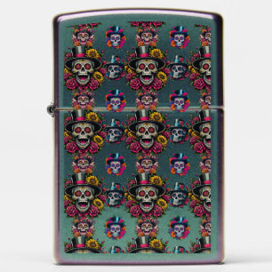 Sugar Skull Art -Top Hat Floral Fiesta Zippo Lighter