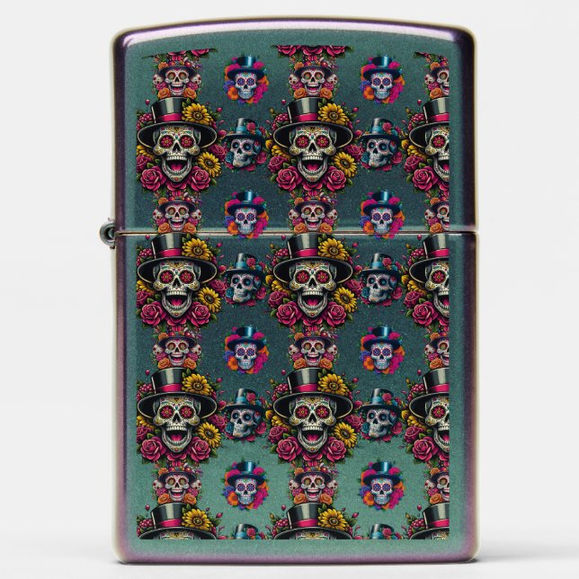 Sugar Skull Art -Top Hat Floral Fiesta Zippo Lighter (Front)