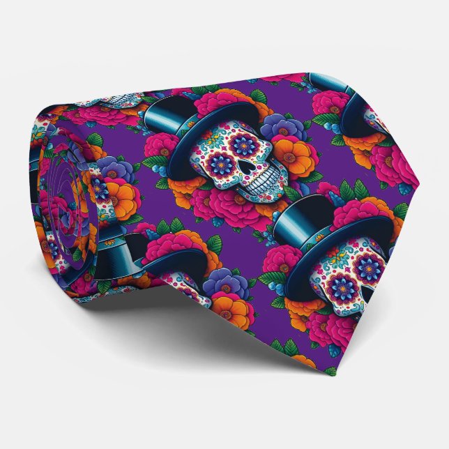 Sugar Skull Art - Top Hat Skull Neck Tie (Rolled)