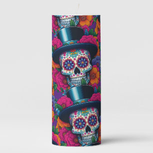 Sugar Skull Art - Top Hat Skull Pillar Candle
