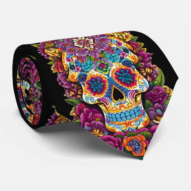 Sugar Skull Art -  Traditional Mexican Neck Tie (Rolled)