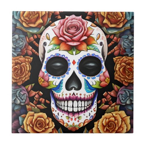 Sugar Skull Art _ Traditional Mexican Skull Ceramic Tile