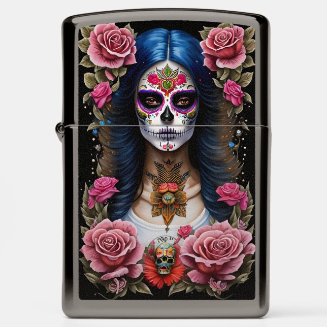 Sugar Skull Art - Traditional Woman Zippo Lighter (Front)