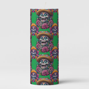 Sugar Skull Art - Vibrant Day of the Dead (Green) Pillar Candle