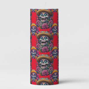 Sugar Skull Art - Vibrant Day of the Dead (Red) Pillar Candle