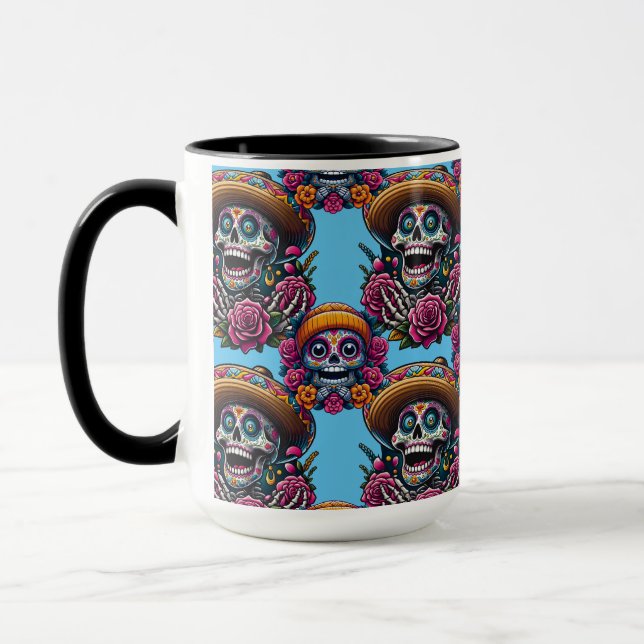 Sugar Skull Art - Vibrant Day of the Dead (Sky) Mug (Left)