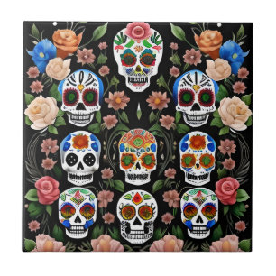 Sugar Skull Art - Vibrant Remembrance Ceramic Tile