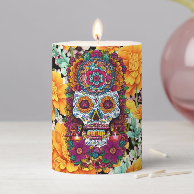 Sugar Skull Art - Vibrant Traditions of Mexico Pillar Candle (In Situ)