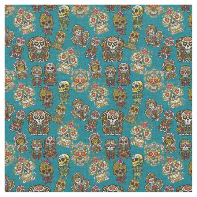 Sugar Skull Art Vintage Skeleton Altar Pattern Fabric (Close Up)