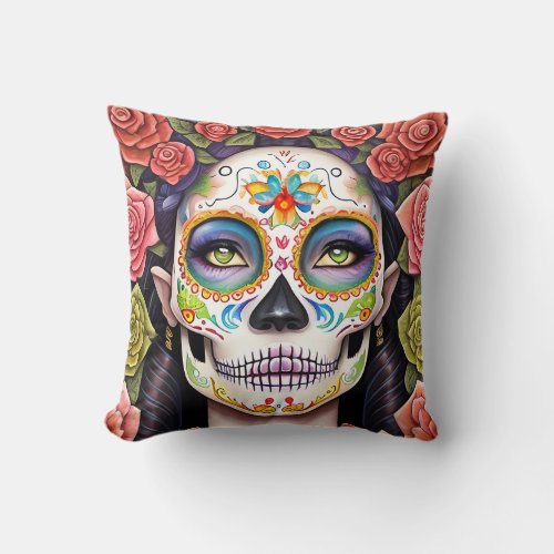 Sugar Skull Art _ Woman in Dazzling Makeup Throw Pillow