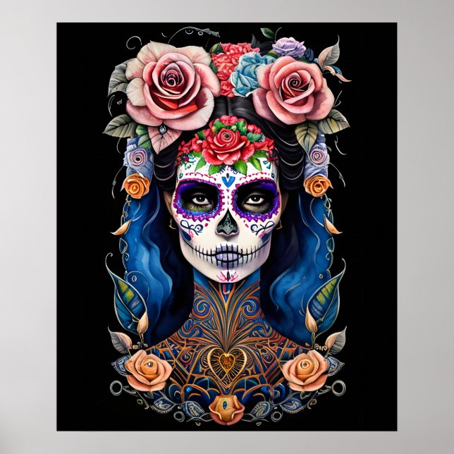 Sugar Skull Art -Woman in Gorgeous Skull Makeup Poster (Front)
