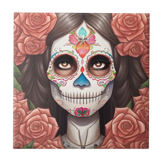Sugar Skull Art - Woman in Makeup Ceramic Tile (Front)