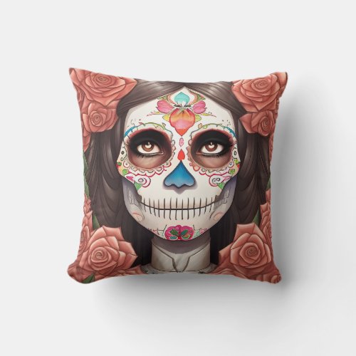 Sugar Skull Art _ Woman in Makeup Throw Pillow