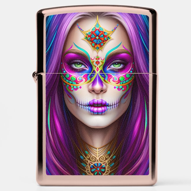Sugar Skull Art - Woman in Makeup Zippo Lighter (Front)