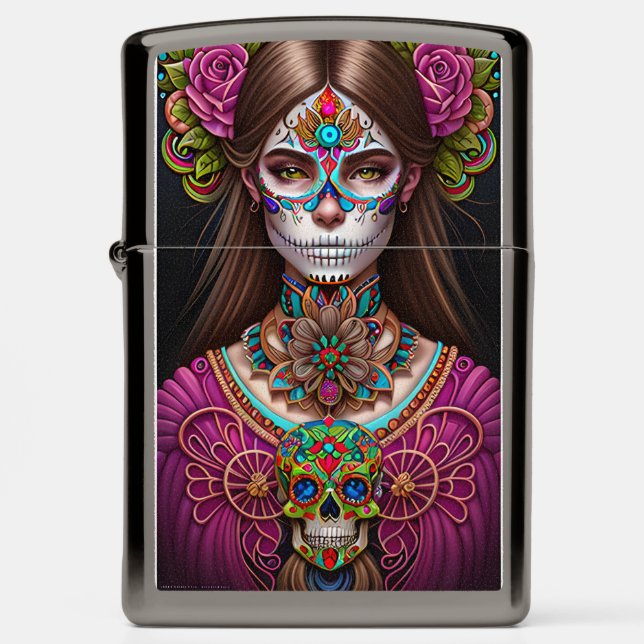 Sugar Skull Art - Woman in Striking Makeup Zippo Lighter (Front)