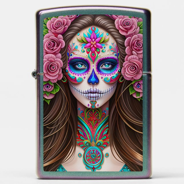 Sugar Skull Art - Woman in Sugar Skull Makeup Zippo Lighter (Front)