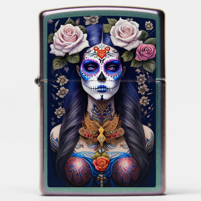 Sugar Skull Art - Woman in Sugar Skull Makeup Zippo Lighter (Front)