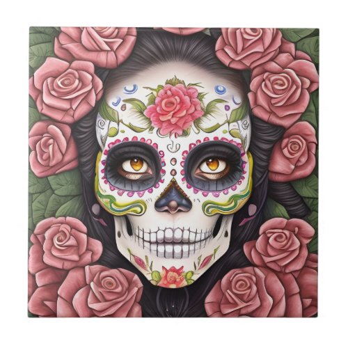 Sugar Skull Art _ Woman with Makeup Ceramic Tile