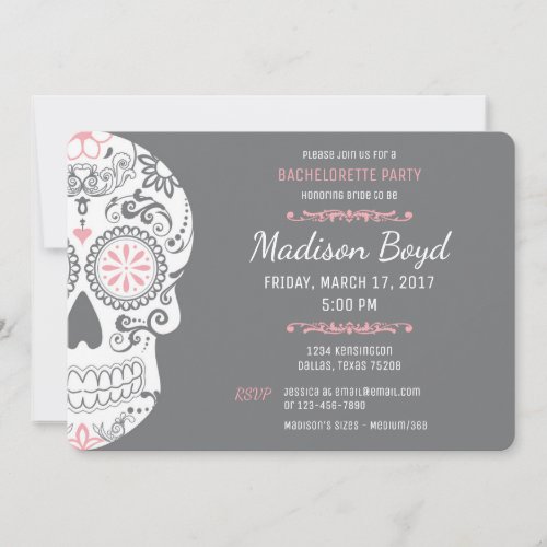 Sugar Skull Bachelorette Party Pink  Grey Invites