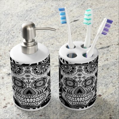 Colorful Sugar Skulls On Black Soap Dispenser Toothbrush Holder Colorful Sugar Skulls On Black Soap Dispenser Toothbrush Holder Zazzle