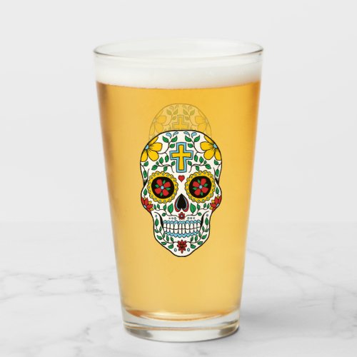 Sugar Skull Beer Pint Glass