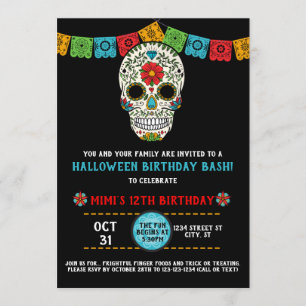 Sugar Skull Birthday, Day of the Dead, black Invitation