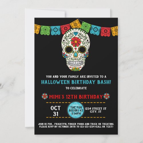 Sugar Skull Birthday Day of the Dead black Invitation