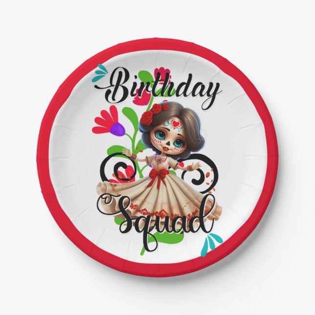 Sugar Skull Birthday Girl Paper Plates (Front)