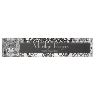 Sugar Skull Black and White Desk Name Plate