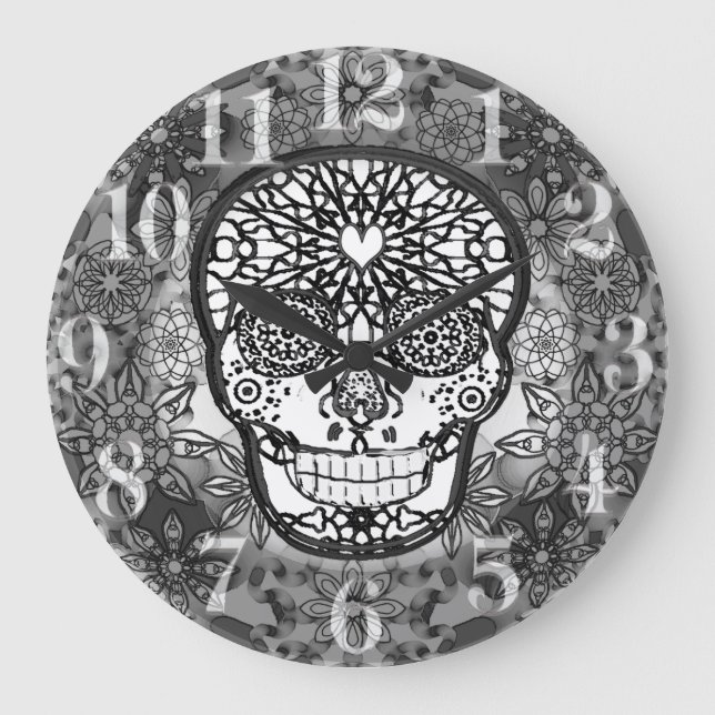 Sugar Skull Black and White Large Clock (Front)